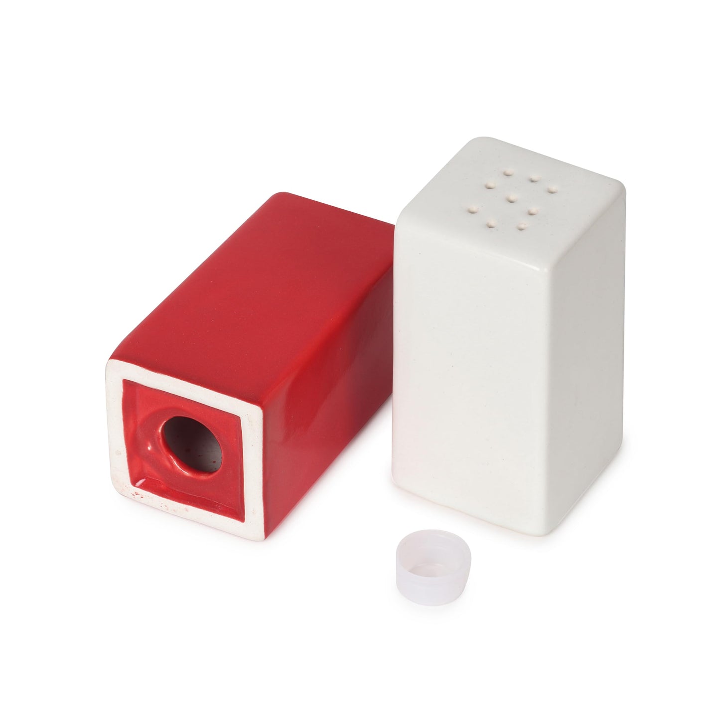 Square Shape Ceramic Salt and Pepper Shakers holder for Dining Table Red and White combination