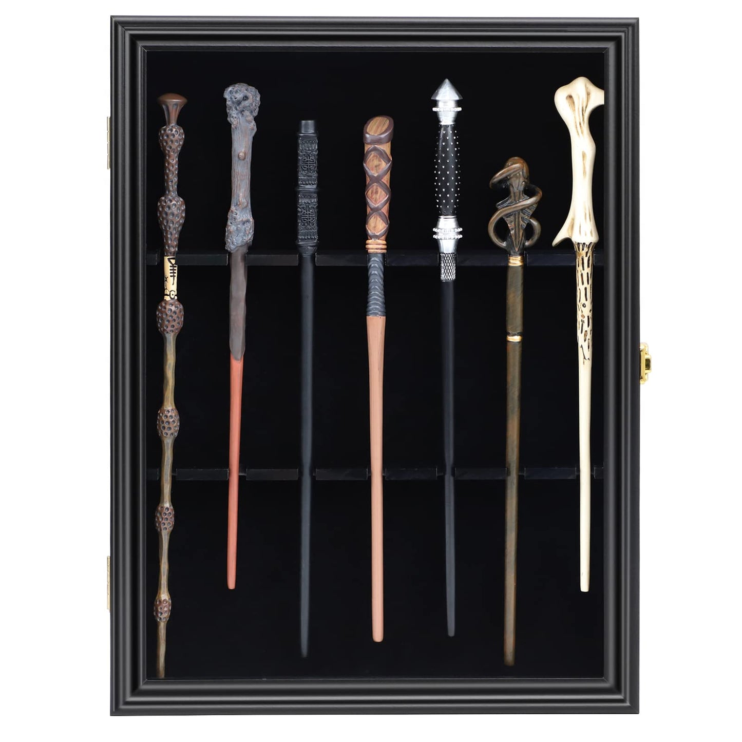 Grhonior 7 Wands Display case Universal Wizard Magic Wand Stand Wall Mount Lockable Wood magiquest Wand Vertical Hanging Holder Box Rack for Wand Collection