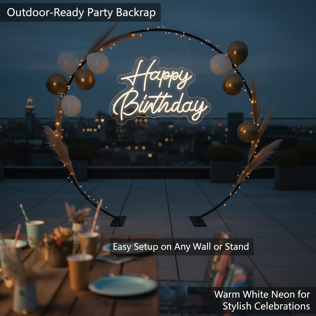 Happy Birthday Neon Sign, 22×16.9 Inch Large Warm White Dimmable LED Light Up Sign, Neon Happy Birthday Banner Backdrop for Party Wall Decor