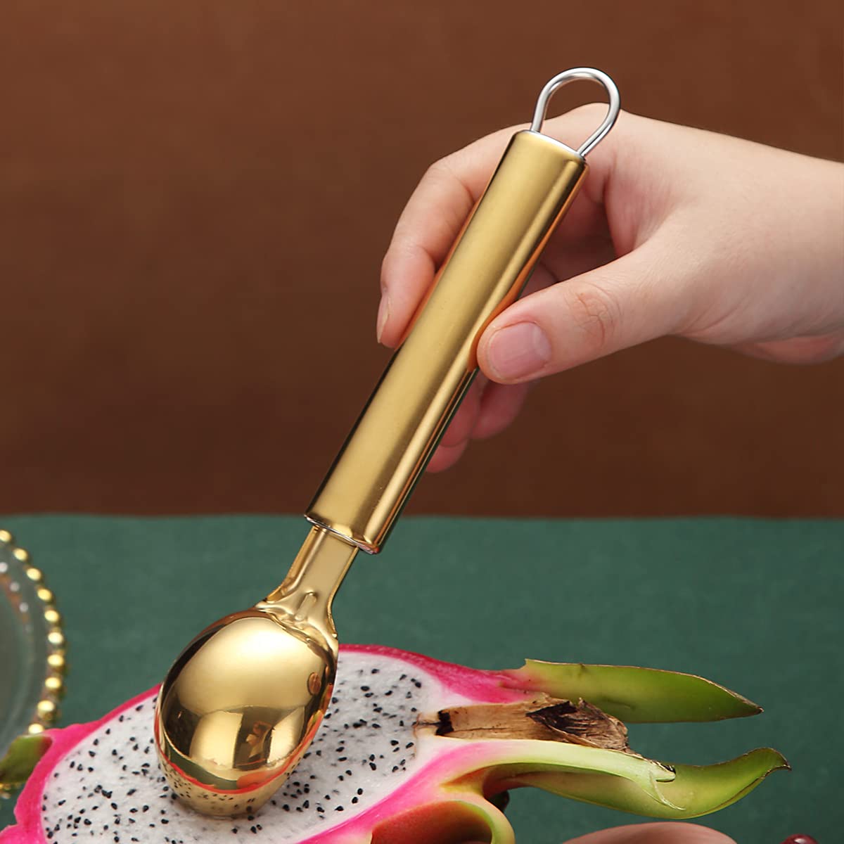 Gold Ice Cream Scoop, Berglander Stainless Steel Cookie Scoop Melon Baller Scooper Cones With Titanium Gold Plating, Specialty Tools and Gadgets, Ice Cream Spoon Food Scoop Dishwasher Safe