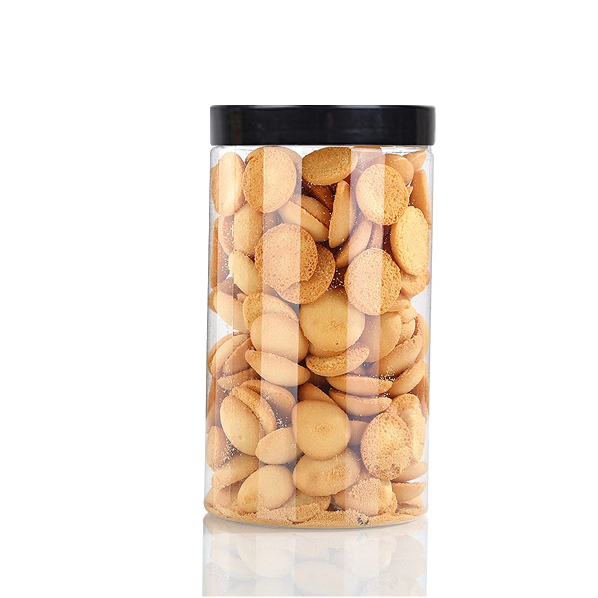 43oz (1280 ml) Clear Plastic Jars with Smooth Black Lids and Labels (6 Pack), Wide Mouth, BPA Free, PET Jars Bulk for Home & Kitchen Pantry Organization and Storage (Black)