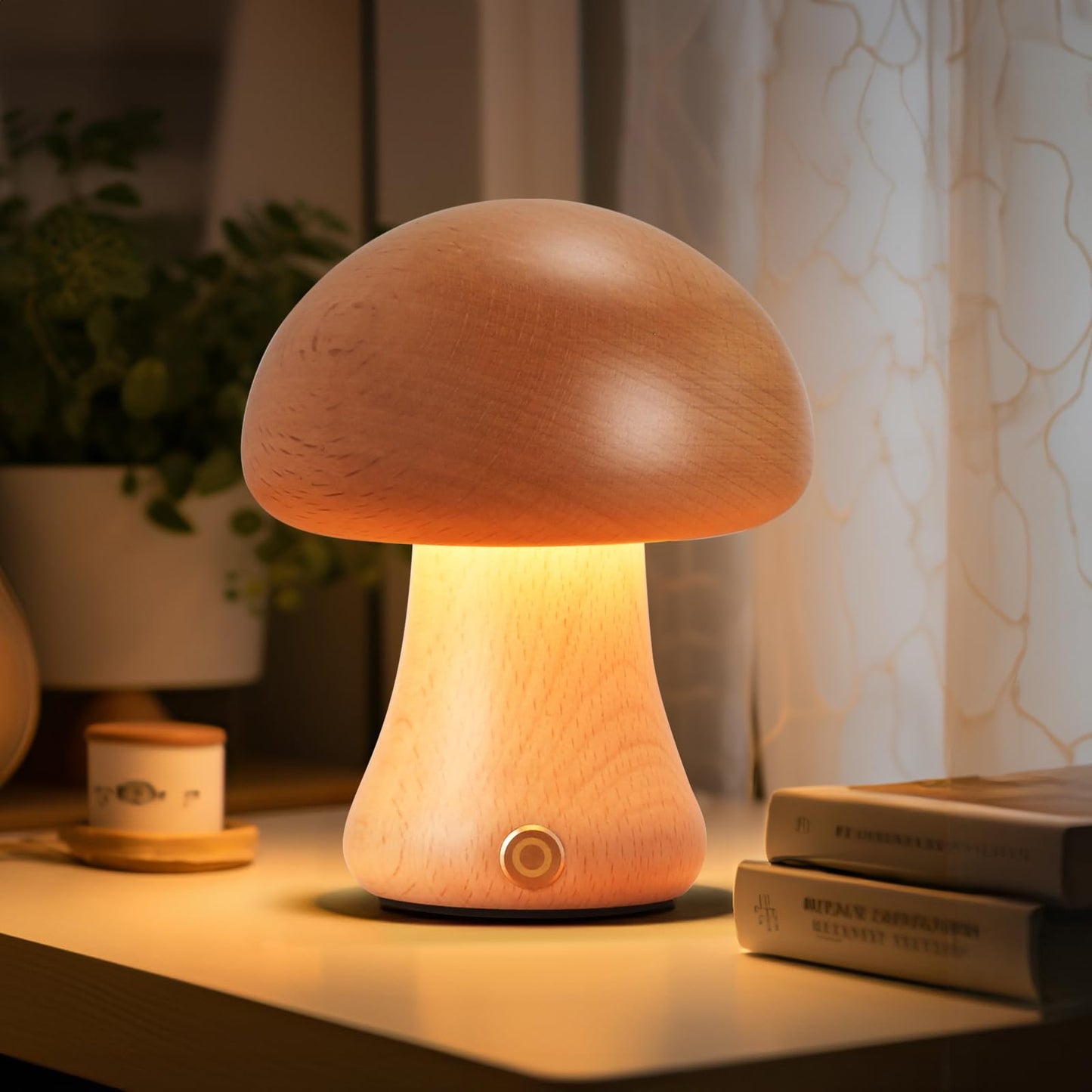 LONRISWAY Creative Wood Mushroom Table Lamp, Portable Cordless Small Lamp, Rechargeable Battery Operated Lamp,Stepless Dimming, Night Light for Birthday Gifts, Creative Home Decor Unique House Gift