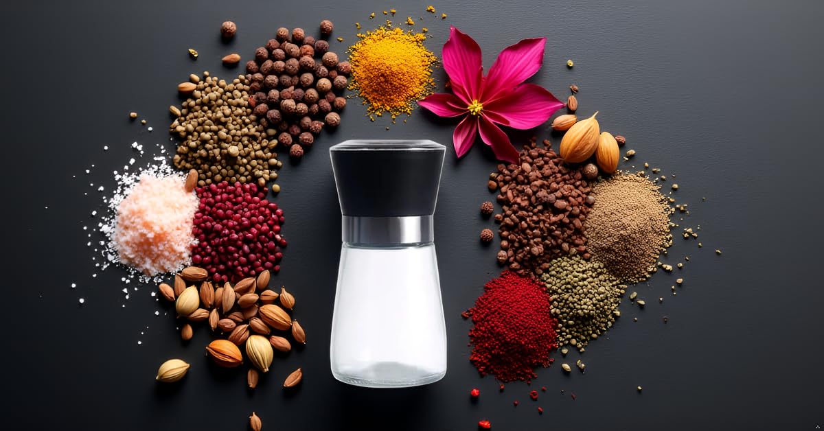 Premium Herb and Spice Grinder – Manual Glass Jar with lid with Adjustable Ceramic Burr, Portable Coffee Bean Grinder, Pepper Mill, Salt Grinder, Seed Grinder and Kitchen Spice Crusher