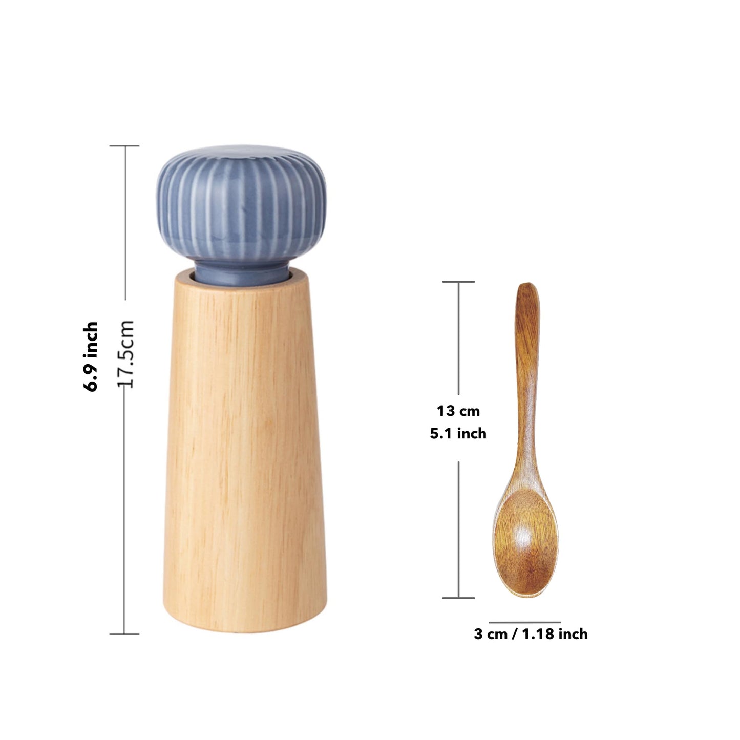 GCFTIFF Wooden Salt and Pepper Grinder Set,Wooden Spoon,Ceramic lid Pepper Mill with Adjustable Coarse Mills,Refillable for Sea Salt & Black Pepper (6.9 inch,2 pcs Indigo blue + white)