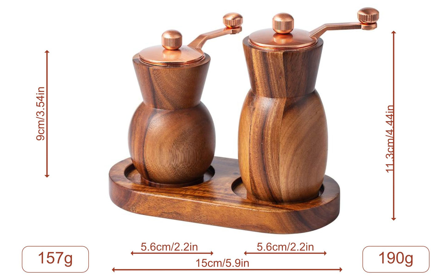 Stelalloy Pepper Grinder Pepper Mill - Salt And Pepper Grinder Set With Holder - Wood Salt and Pepper Shakers - Refillable Manual Spice Mill (3.5" Salt Grinder + 4.5" Pepper Mill)