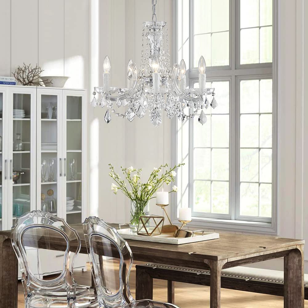 AGV LIGHTING CH001S Modern K9 Crystal Chandelier, Maria Theresa Style Light Fixture, 5-Lights, D20 x H18, Adjustable Chain 59", Chrome Finish Frame