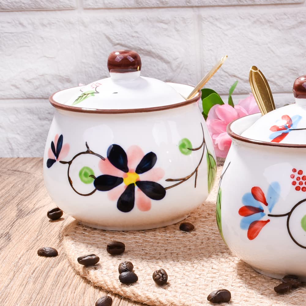 Whitenesser Ceramic Sugar Bowl with Lid and Spoon - 10.8oz Hand-Painted Floral Sugar Jar, Porcelain Salt Cellar for Kitchen Counter & Coffee Bar - Decorative Spice Jar for Honey, Jam, Seasoning