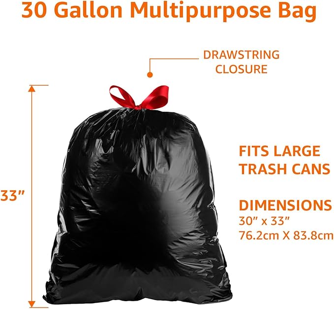 Amazon Basics Multipurpose Drawstring Trash Bags, 30 Gallon, Tear Resistant