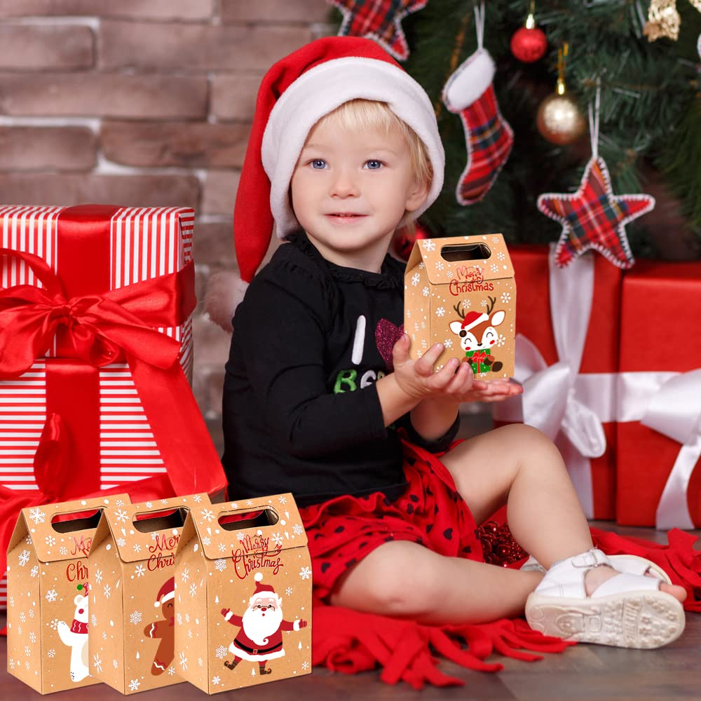 JOICEE Christmas Kraft Paper Gift Boxes 24pcs Xmas Goodies Treat Candy Bags Boxes for Christmas Party Favor