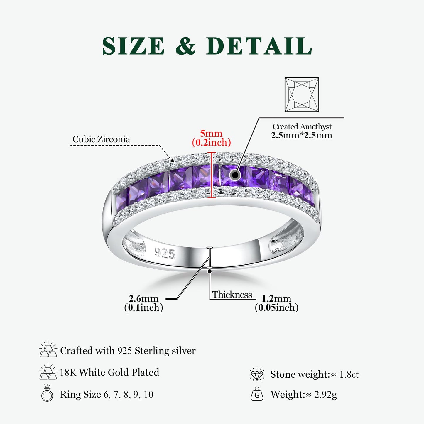 RANDES Amethyst Rings for Women Eternity Band 925 Sterling Silver Channel Set Princess Cut February Birthstone Ring Size 6