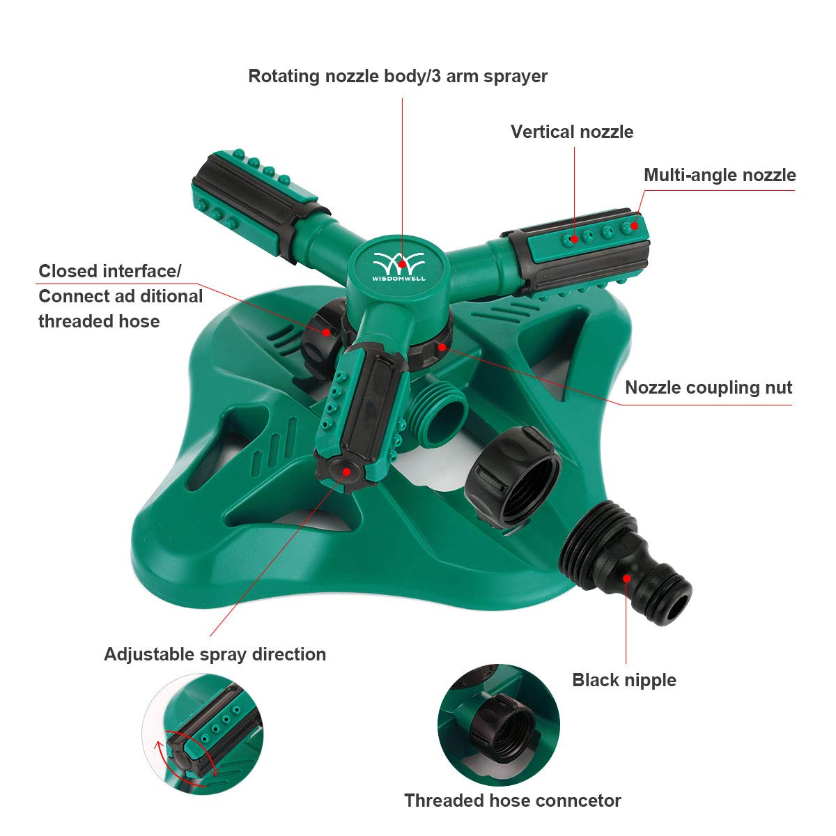 WISDOMWELL Garden Sprinkler Adjustable water spray range Suitable for large areas of lawn Automatic 360 Degree 3 Arm Rotating Sprinkler System Sprinklers (1Sprinkler+4Connectors+2 Sprinkler Head)