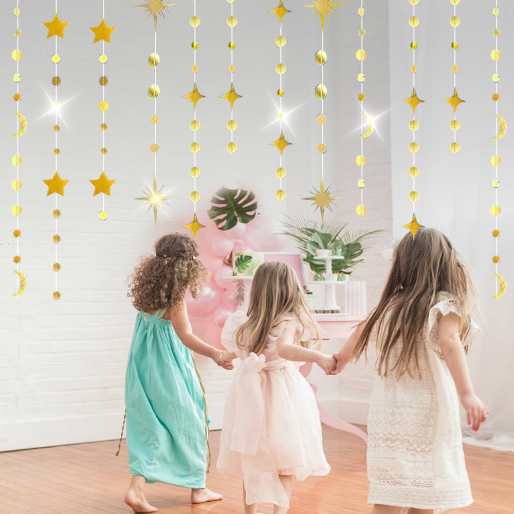 92FT Gold Moon Star Garland, Sparkly Crescent Moon & Star Hanging Decor for Ramadan Eid Mubarak, Birthday Party Supplies, Wedding Baby Shower Decorations, Photo Booth Props