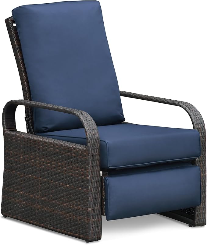 Art to Real Outdoor Wicker Recliner Chair with 5.5'' Cushions, Automatic Adjustable Patio Lounge Chairs, Aluminum Frame Reclining Chair for Lawn Backyard Porch Poolside Deck(Navy Blue)