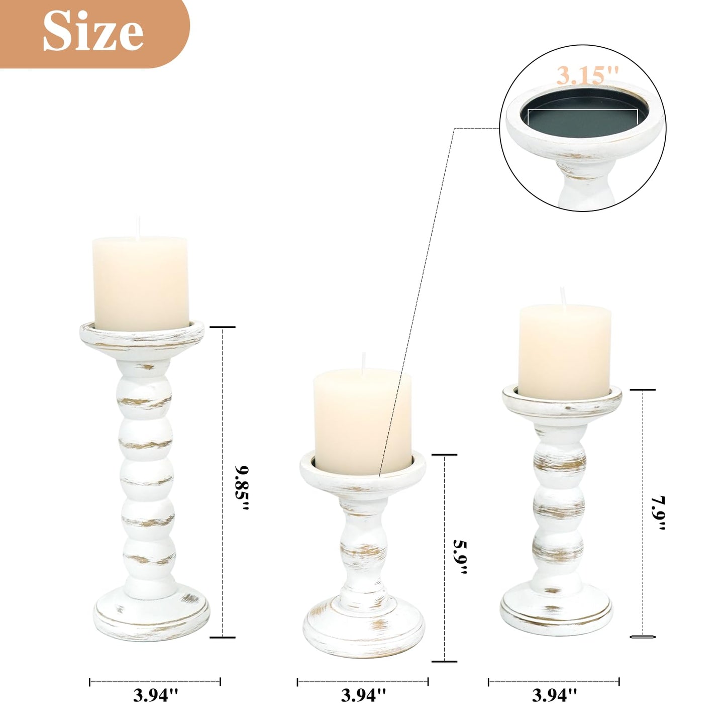 HuiDao Wood Candle Holder, 3Pcs Rustic White Candle Holders for Pillar Candles, Solid Wood Decorative Candle Holders Distressed Wooden Farmhouse Candle Holder Large for Fireplace Table