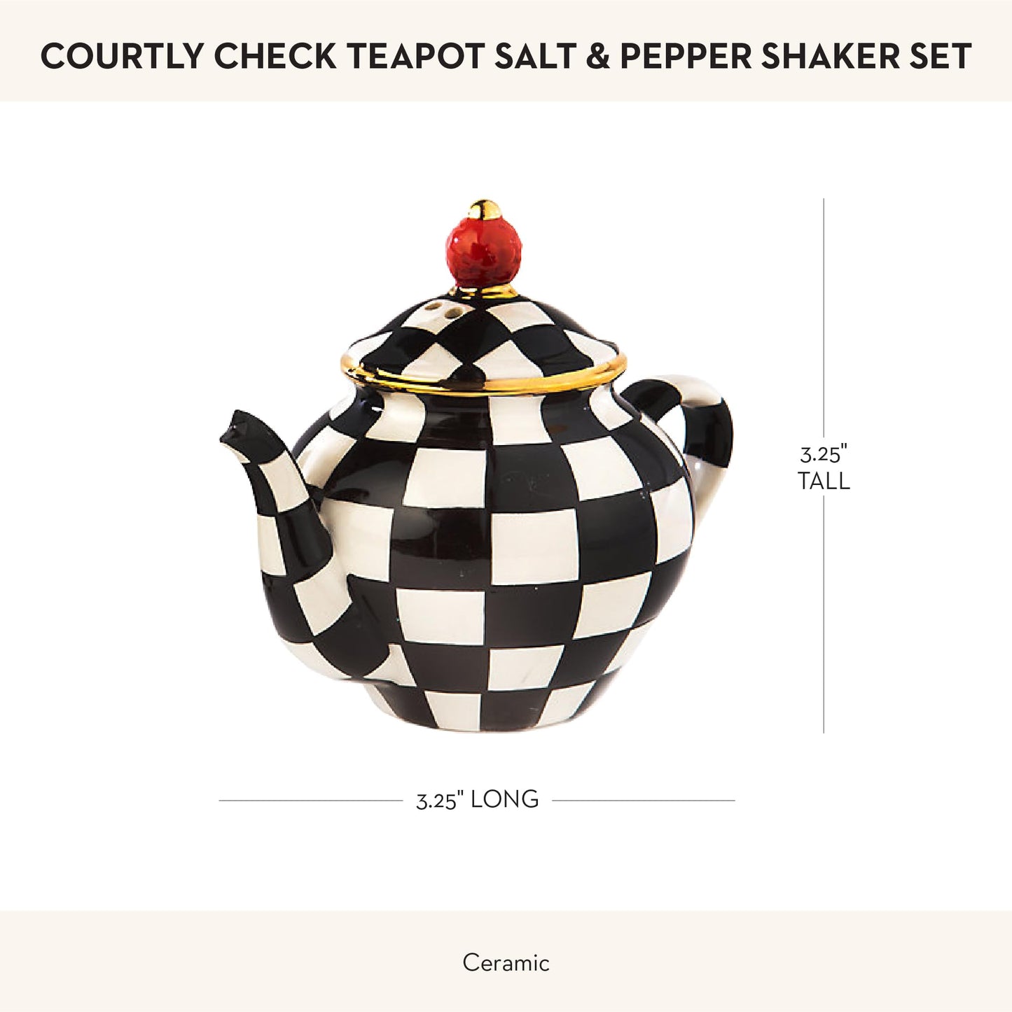 MACKENZIE-CHILDS Teapot Salt and Pepper Shaker Set, Ceramic Salt and Pepper Holders, Black-and-White Courtly Check