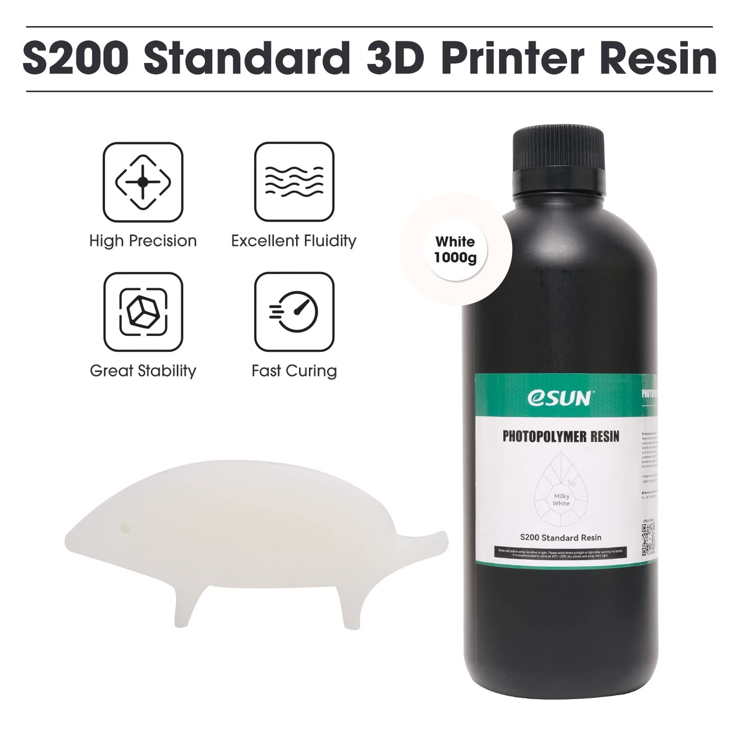 eSUN 3D Printer Rapid Resin, 405nm LCD UV-Curing S200 Standard Photopolymer Resin with High Precision and Macaron Color 3D Printing Liquid for Photon LCD 3D Printer, 1000g White