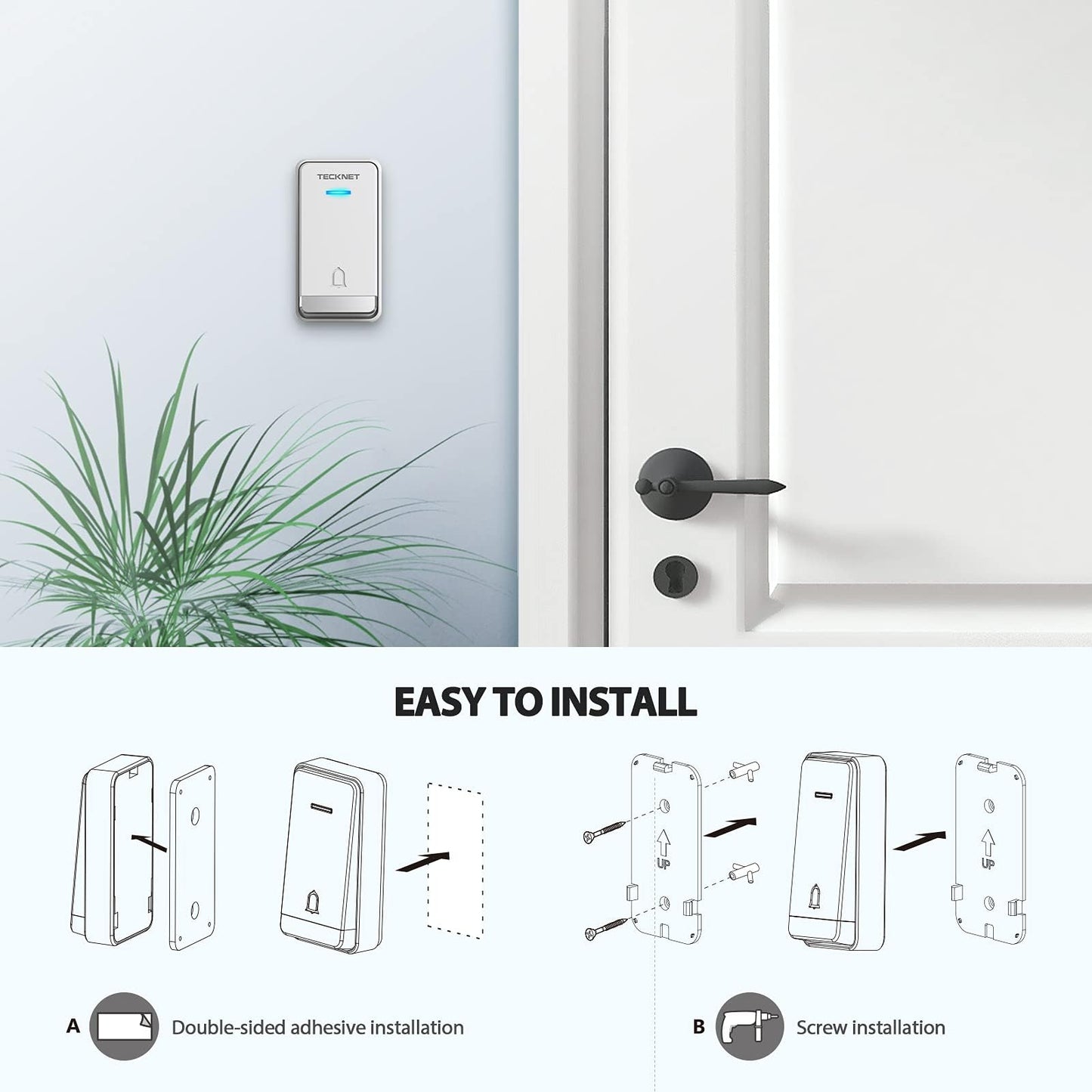 TECKNET Wireless Doorbell, Self-Powered Doorbell, 0-110db Plug-through Wireless Doorbell Ringer for Homes Classroom, IP66 Waterproof 1300ft Door Chime with Extra Socket, 60 Chimes, LED Light (White)