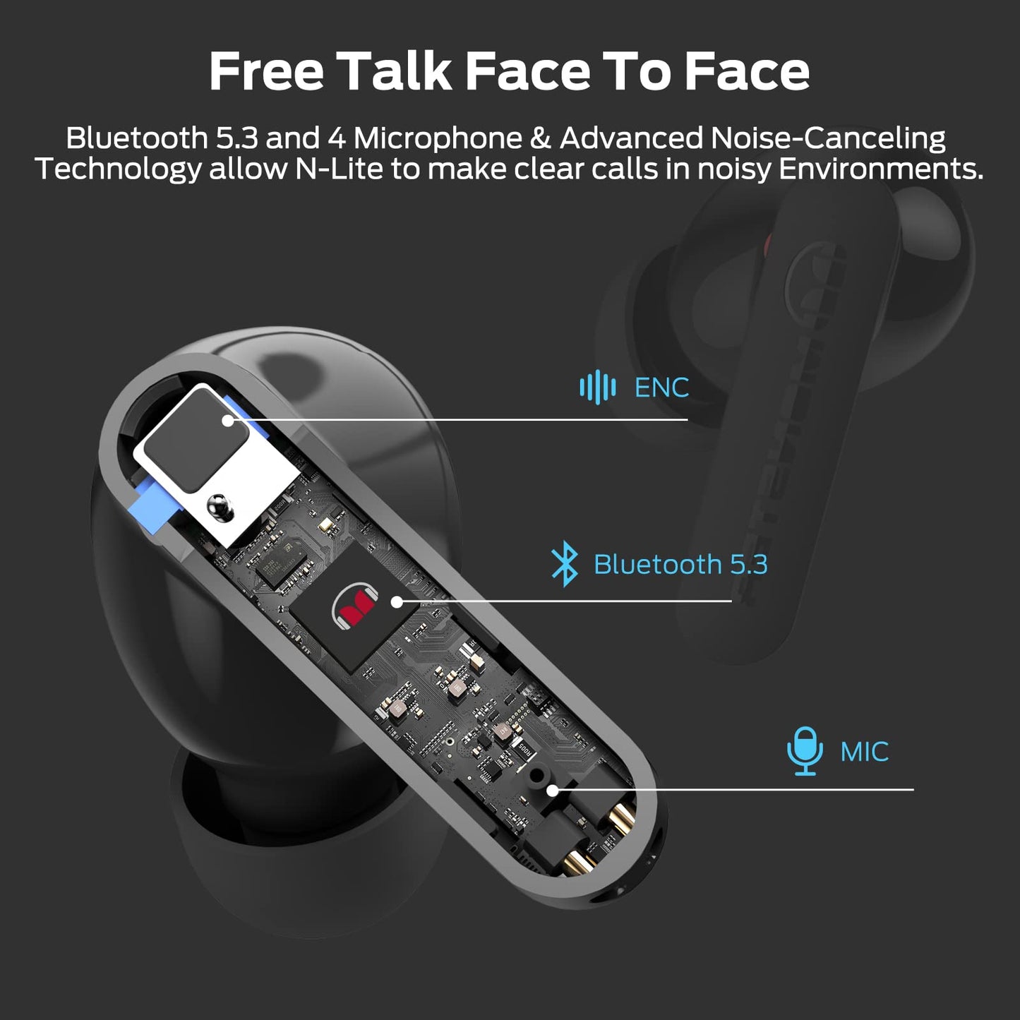 Monster N-Lite Clear Talk Wireless Earbuds Bluetooth 5.3 Headphones with CVC 8.0 Noise Reduction, IPX8 Waterproof in-Ear Stereo Earphones 60H Playtime, Bluetooth Earbuds with Fast Charging for Sport