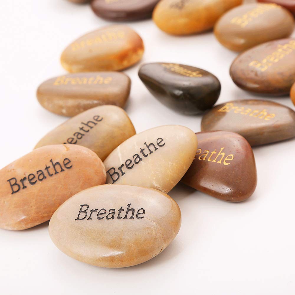 ROCKIMPACT 50PCS Breathe Breathe Stone Engraved Inspirational Stones Bulk Encouragement Motivational Gifts Zen Healing Inspiring Rocks Prayer Word Stones Wholesale Breathe Rock,2"-3" Each