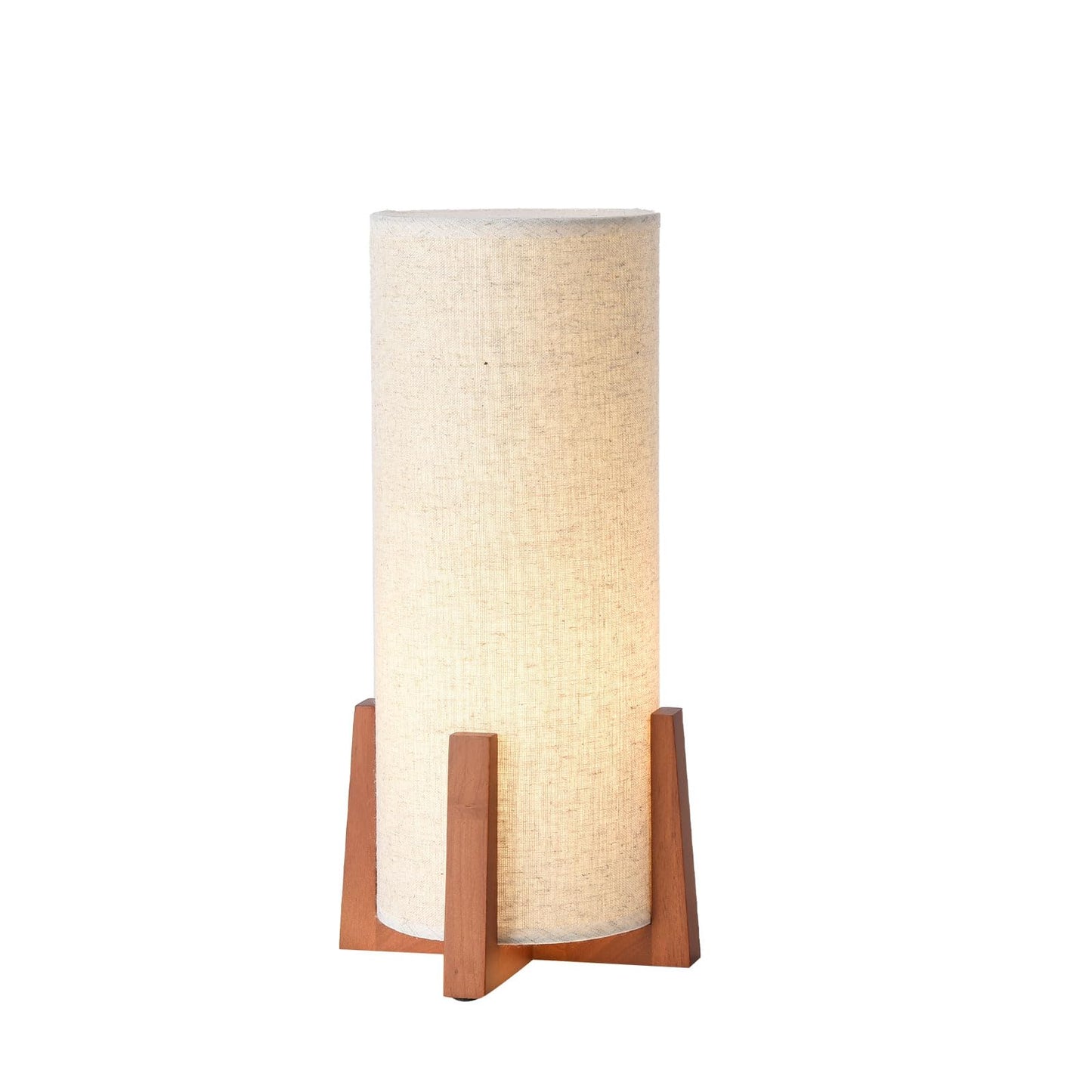 KUNJOULAM Modern Table Lamps, Nightstand Lamp with Linen Fabric Shade Brown Wooden Base, 13.9" Cylinder Bedside Table Lamp for Bedroom, Cafe, Living Room Home Decor