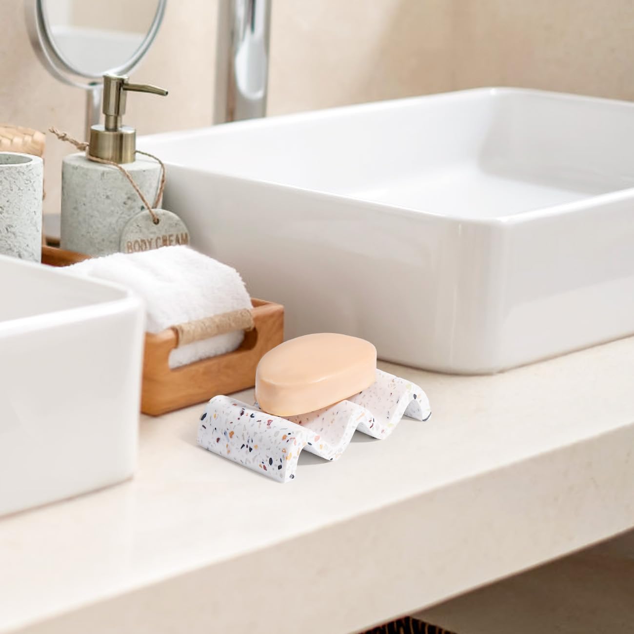 Luxspire Soap Dish, Marble Soap Dish, Self-draining Tray, Soap Holder Saver for Shower, Bathroom, Sink, Kitchen and Countertop, Terrazzo, 2 Pack