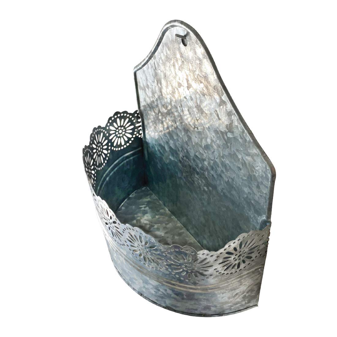 Lily's Home Indoor Outdoor Wall Mounted Planter with Floral Accents for Succulents, Cacti, Herbs, Faux Plants, Galvanized Metal. Plants Not Included