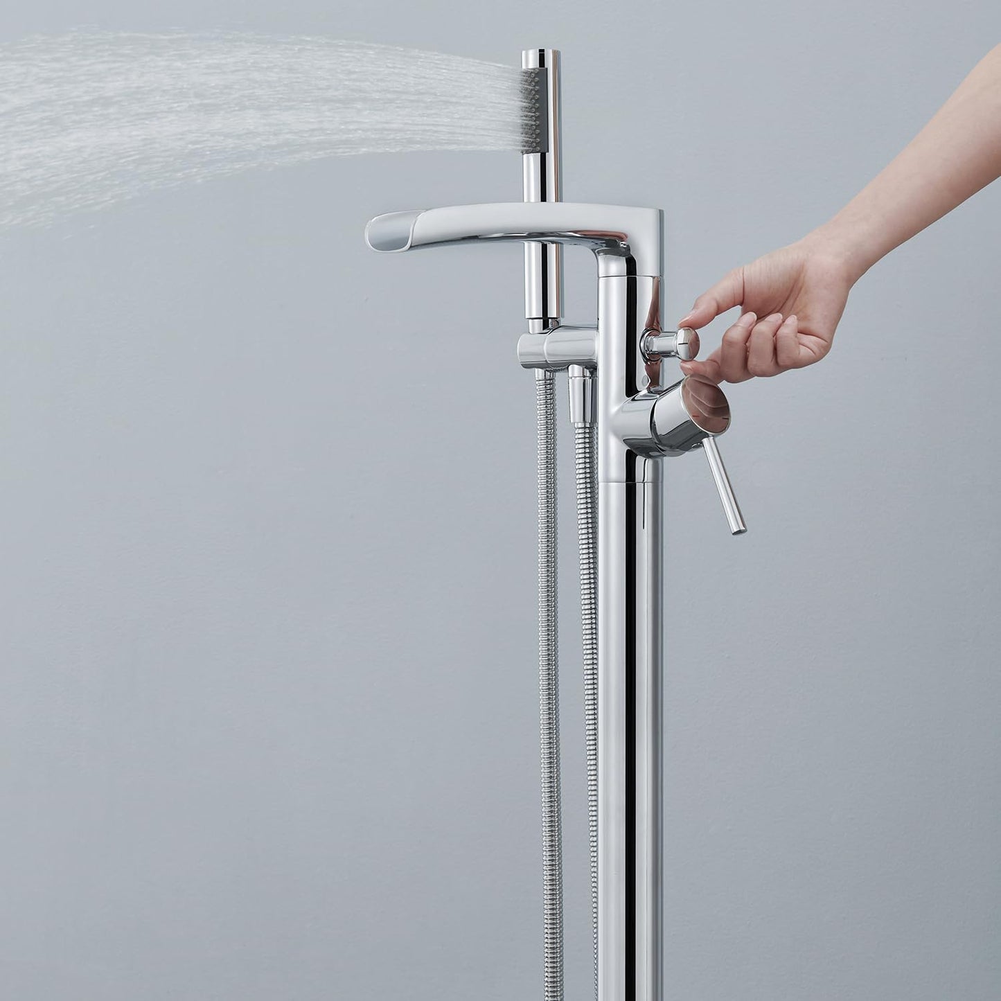 Wowkk Waterfall Freestanding Bathtub Faucet Chrome Floor Mount Tub Filler Brass Single Handle Bathroom Faucets with Hand Shower