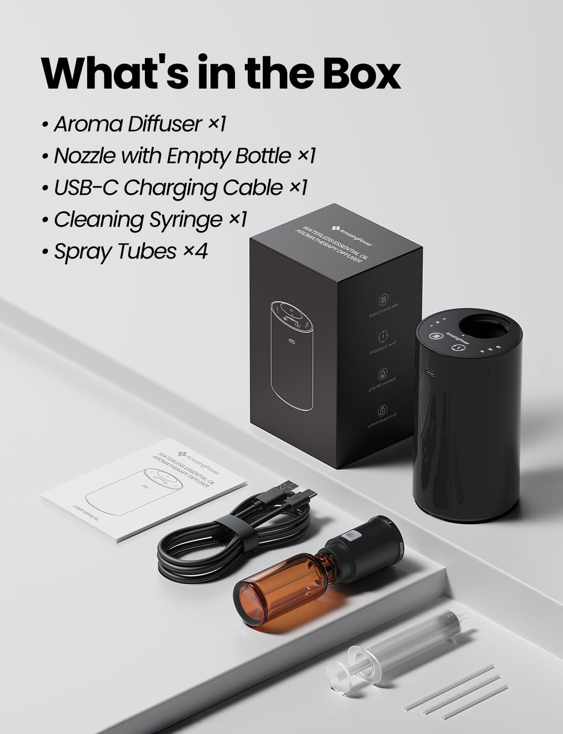 Waterless Essential Oil Diffuser, Portable Aromatherapy Diffuser with 20mL Capacity, Battery Operated Mini Scent Diffuser,3 Mist Levels & Timers, Leak-Free, for Home, Car, Office (Black)