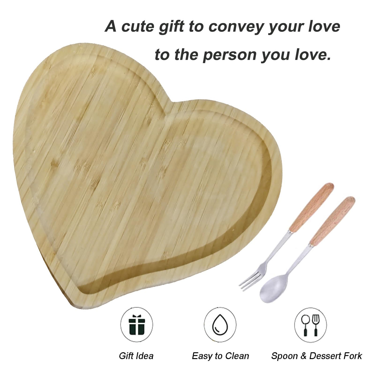 Heart Shaped Bamboo Wooden Serving Tray,Serving Platter & Jewelry Organizer Tray, Includes Coffee Spoon & Dessert Fork, for Home Restaurant Valentine Christmas Table Decor(9" x 8")