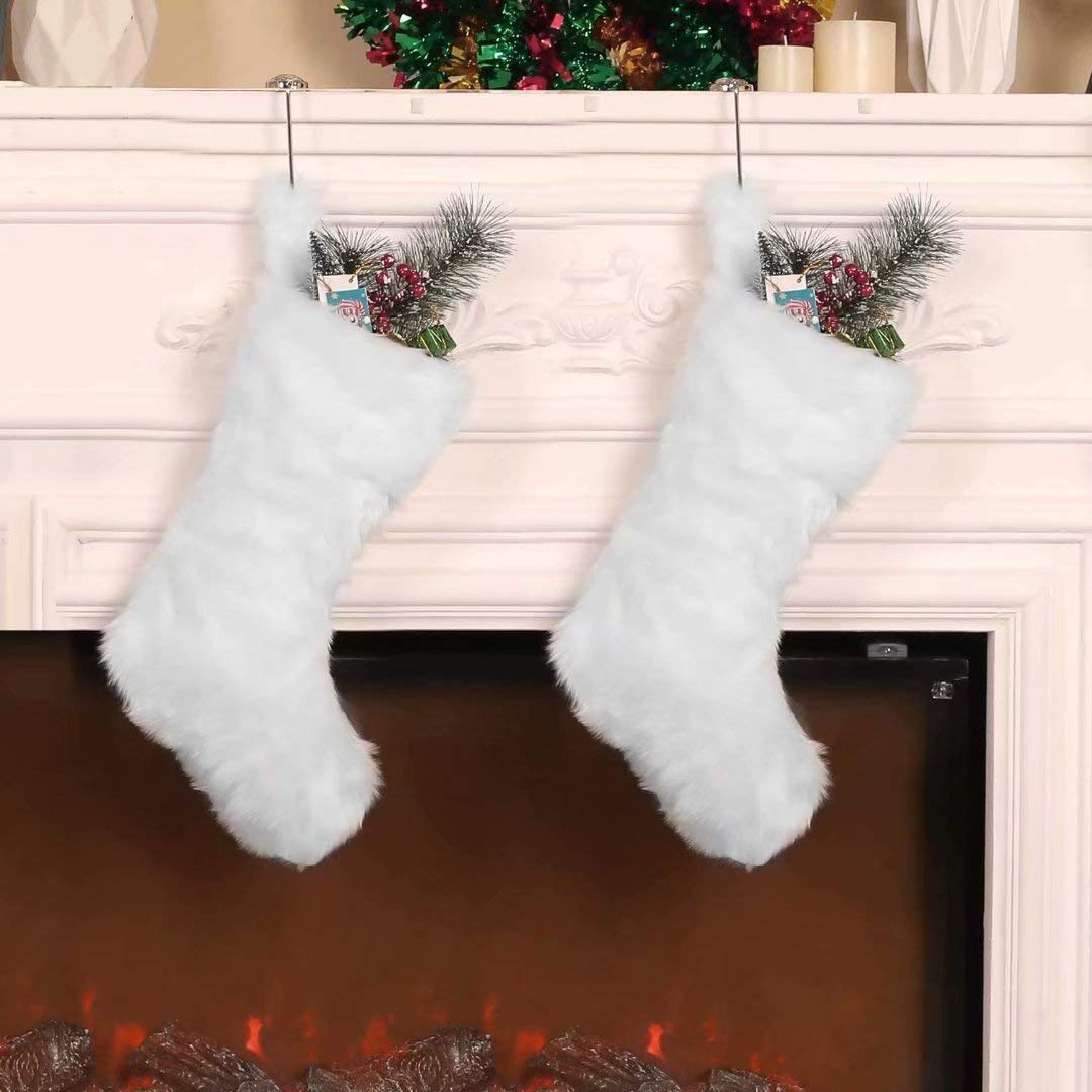 White Christmas Stockings 2 PCS 20 Inch Faux Fur Large Christmas Stocking for Hanging Decorations