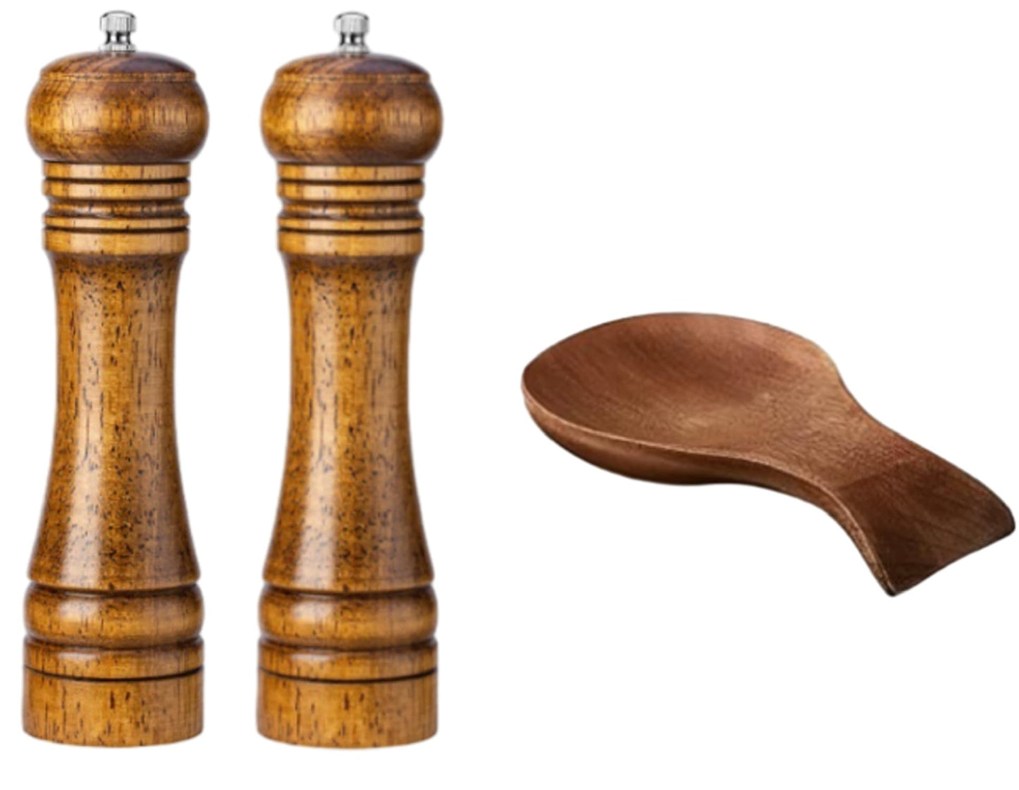 Patelai 3 Pcs Kitchen Counter Set Oak Wood Salt Pepper Grinder with Bamboo Spoon Rest Holder Modern Farmhouse Rustic Accessories for Kitchen Cooking Serving Dining BBQ Table Countertop Decoration