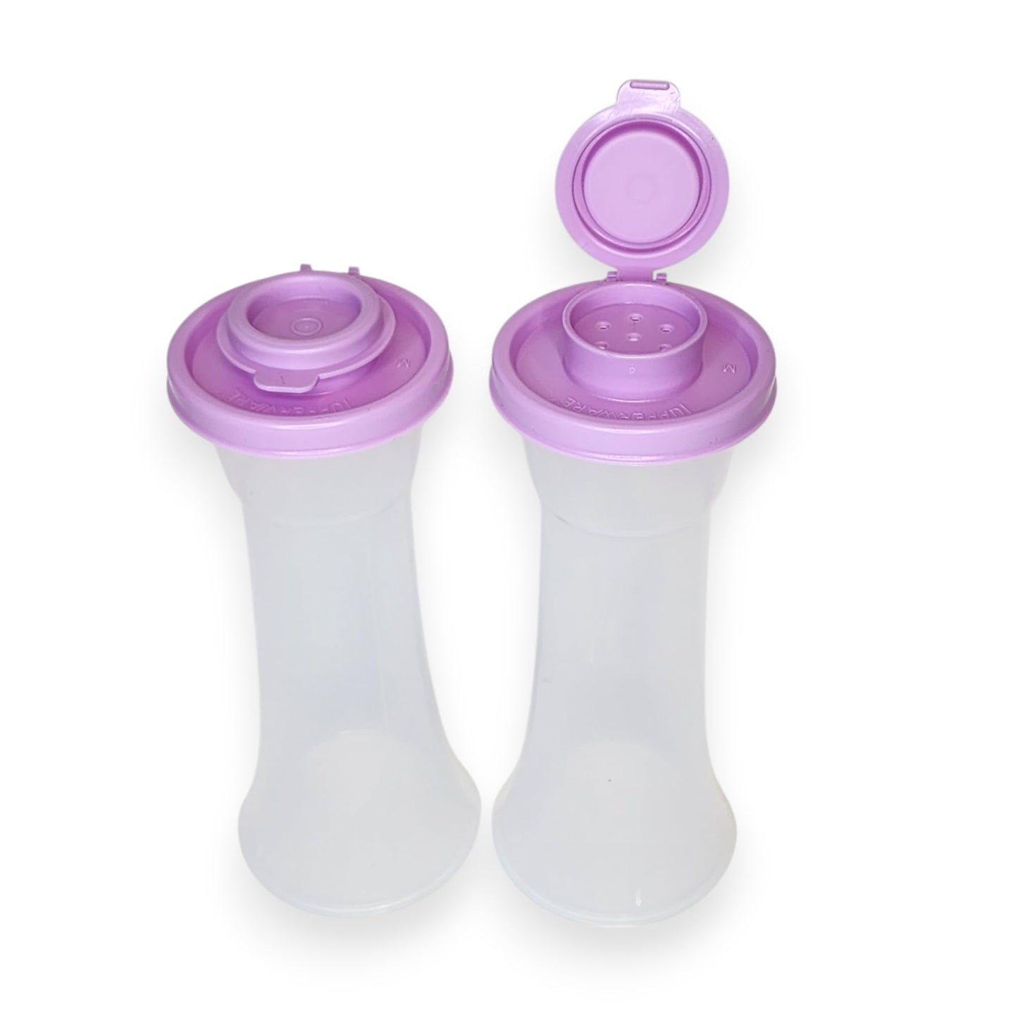 Tupperware Large Hourglass Salt and Pepper Shakers Clear Containers with Lilac Pink