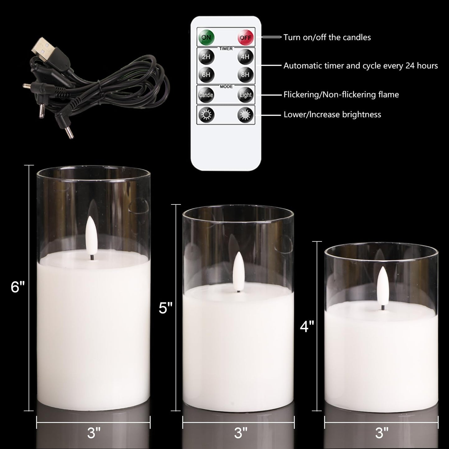 GenSwin Rechargeable Flameless Candles with Remote Timer, Clear LED Battery Operated Candles with Flickering Flame, Glass and Real Wax Pillar Candle Holiday Home Decor(Set of 3, D3”xH4”5”6”)