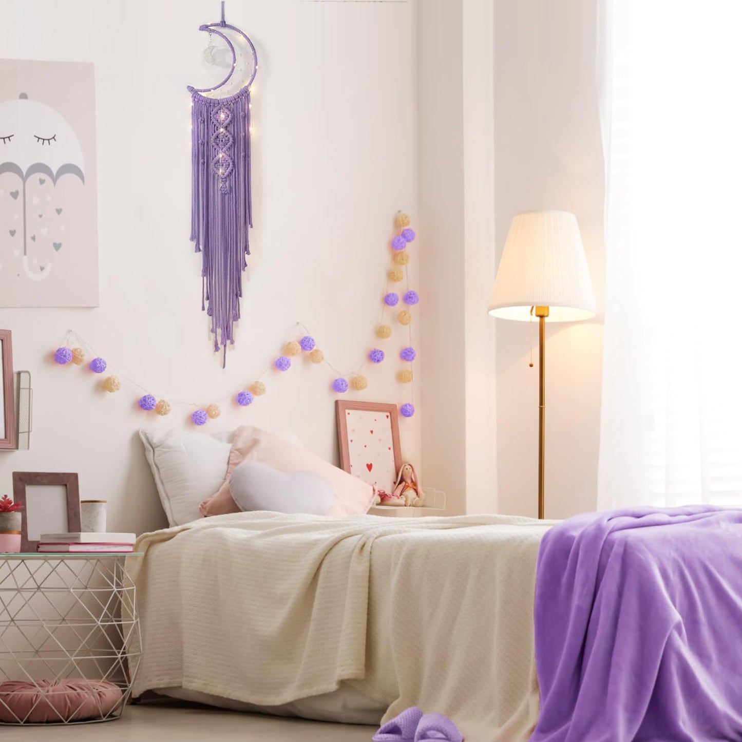 Macrame Moon Dream Catcher for Girl, Purple Boho Crescent Dreamcatcher for Bedroom, Handmade Nursery Room Wall Hanging with Star Pendant for Teen Boy, Bohemian Home Decoration Idea