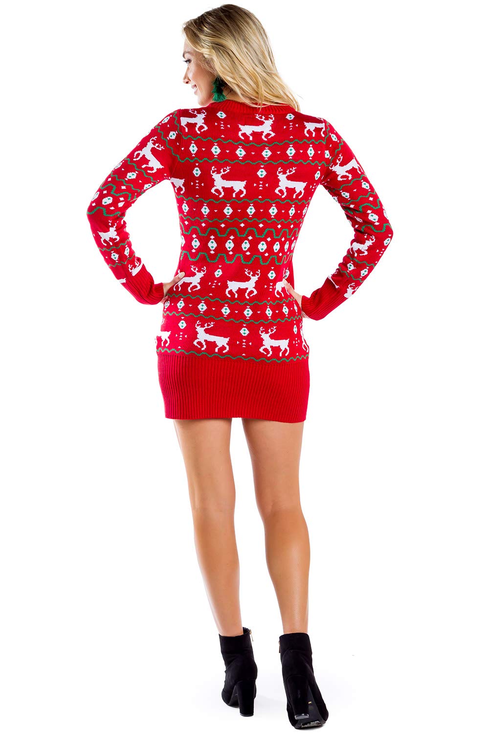 Tipsy Elves Christmas Sweater Dresses for Women - Cute Winter Themed Dresses - Instant Holiday Outfits - Women's Easy Red Reindeer Fair Isle Christmas Sweater Dress Size Small