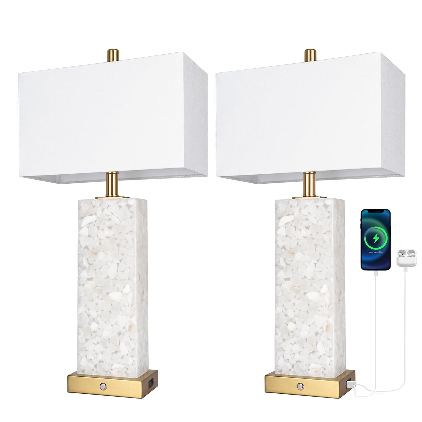 2-Pack 25.6" Alabaster Lamps, Marble Lamp Nightstand Lamps Set of 2, 3-Color Temperatures Bedside Lamps with Nightlight, Modern Table Lamp with USB Ports for Living Room Bedroom Hotel, Bulbs Included