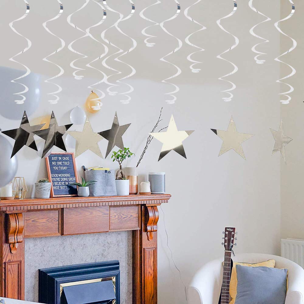 BEISHIDA Silver Star Hanging Swirl Decorations,Hanging Silver Party Supplies for Graduation Wedding Baby Shower Decorations, Pack of 15