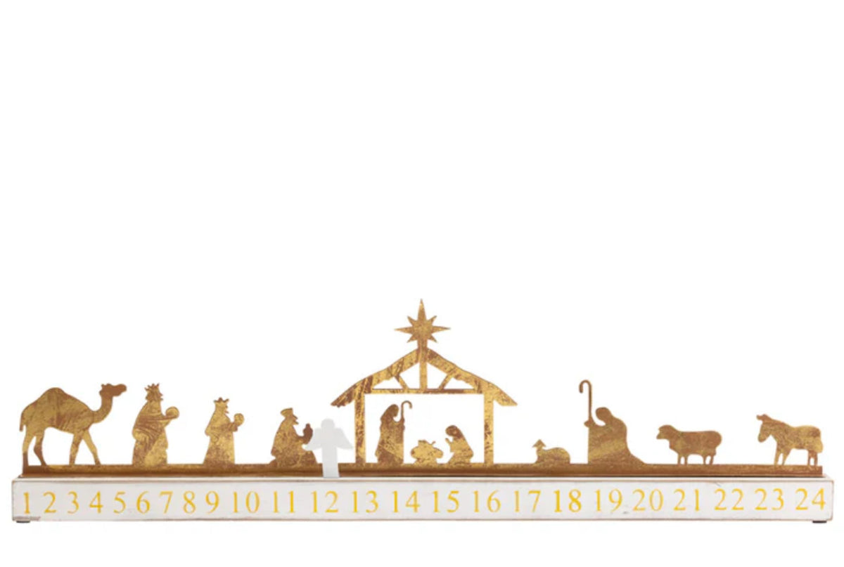 Boston International Advent Calendar Christmas Countdown Sign Tabletop Mantel Shelf Winter Holiday Decorations for Home, 23" x 7", Gold & White Nativity