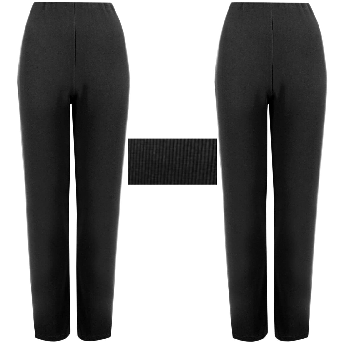 2 Pack Womens Straight Leg Trousers Finely Soft Ribbed Stretch Pull On Ladies Pants Casual Full Elasticated Waist Bottoms (Black 16/29)