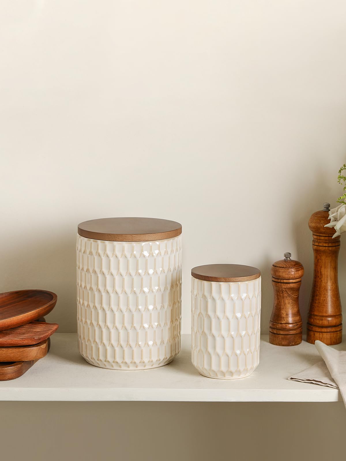 ArteBake Ceramic Canisters Sets for the Kitchen, Flour Sugar Storage Containers, Diamond-Patterned Design, Coffee Canister with Airtight Lid for Counter Spice and Food (White Sets of 2)