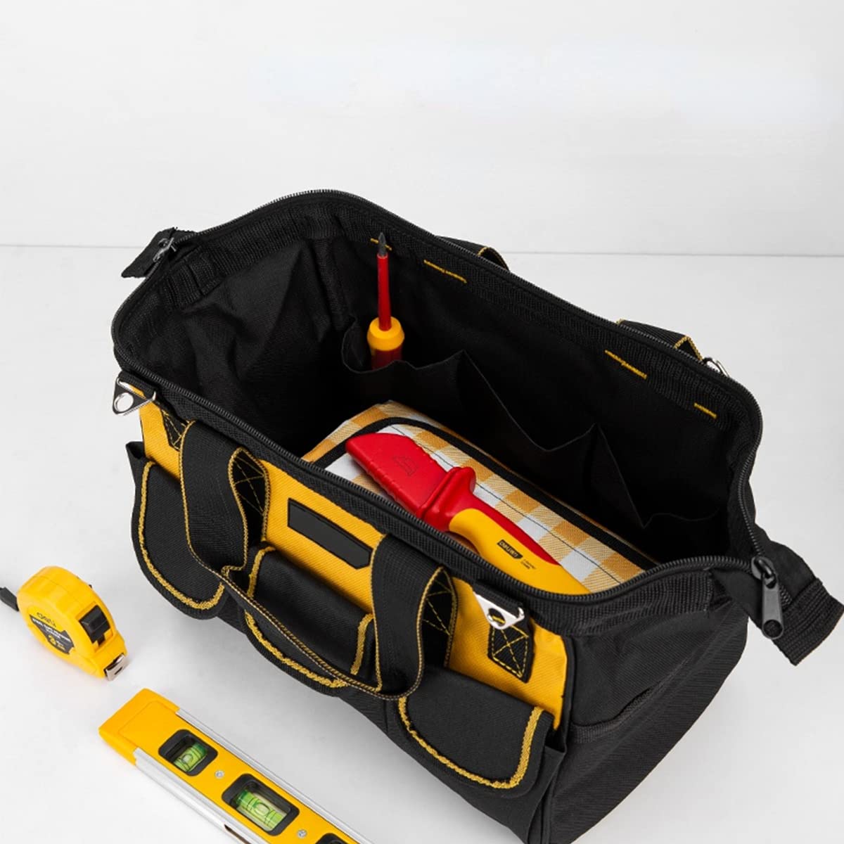 17-Inch Tool Bag Organiser, 43×17×25 cm, Muti-Purpose Wide Open Mouth Tool Storage Bag with Adjustable Shoulder Strap Tool Bag Organizer for Home DIY & Equipment Storage with Shoulder Strap