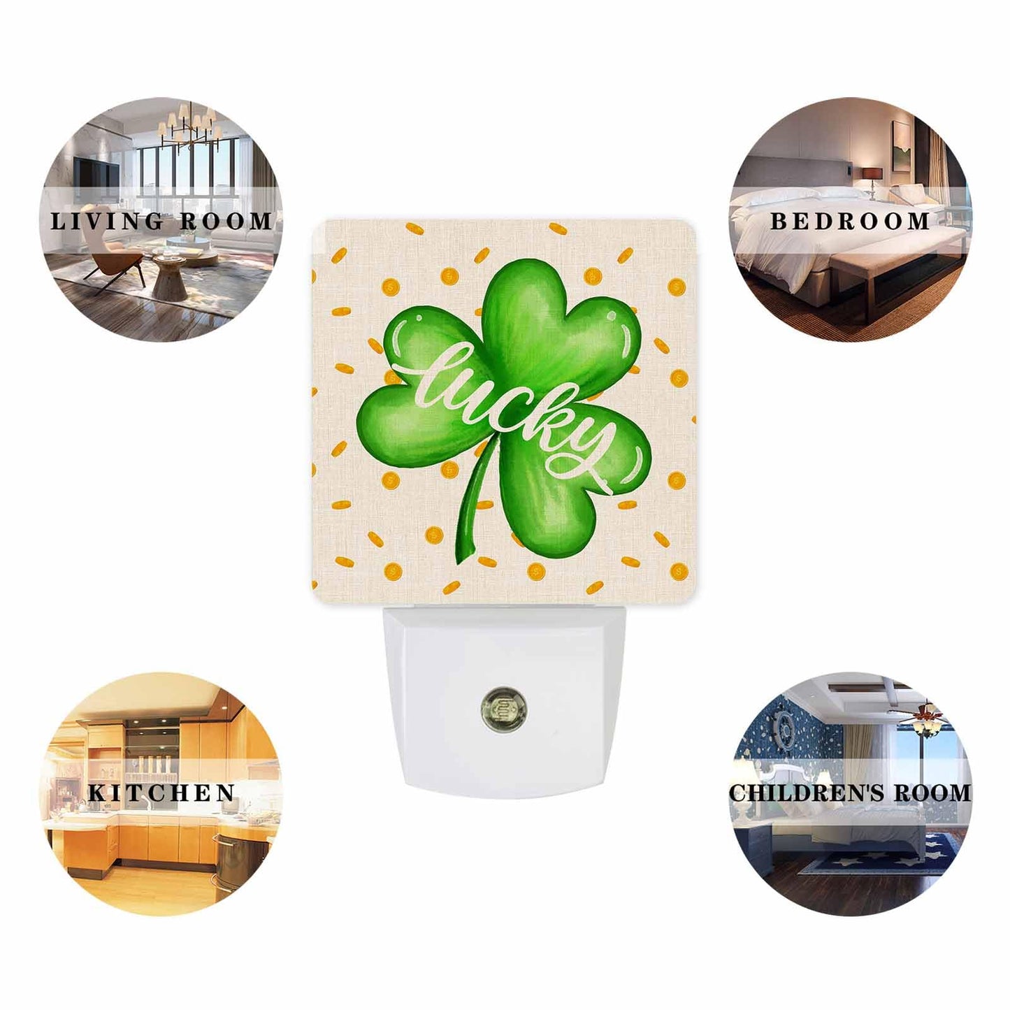 St.Patrick's Day Plug-in LED Night Lights, Lucky Clover Leaves Spring Auto Dusk-to-Dawn Sensor for Bedroom, Bathroom, Kitchen, Nursery, Hallway, Stairs, Wall Home Decor, Gold Coins Backgound