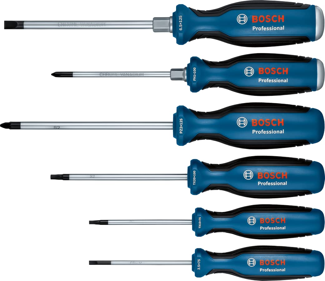 Bosch Professional 6-Piece Screwdriver Set (SL/PH/PZ/TX, incl. SL 3.5x75 mm, TX 20x100 mm, TX 15x75 mm, SL 6.5x125 mm, PZ 2x125 mm, PH 1x100 mm, Inlay)