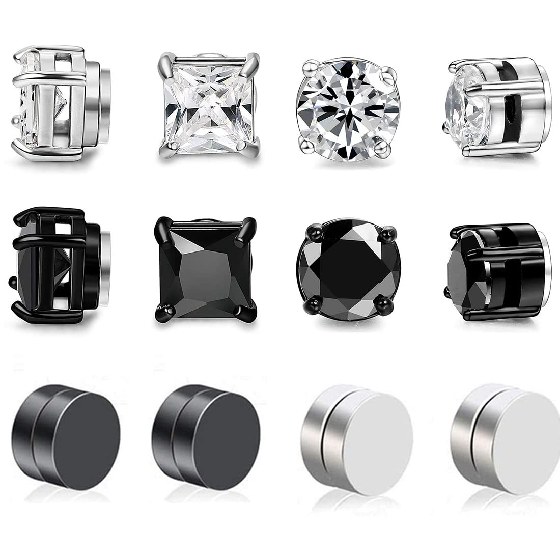 LIUJZZJ 6 Pairs Stainless Steel Magnetic Earrings for Men Women Girls Magnetic Stud Earrings Clips Tunnel Ear Clips Without Ear Hole Non Piercing Earrings Set Black Silver Tone, Stainless Steel
