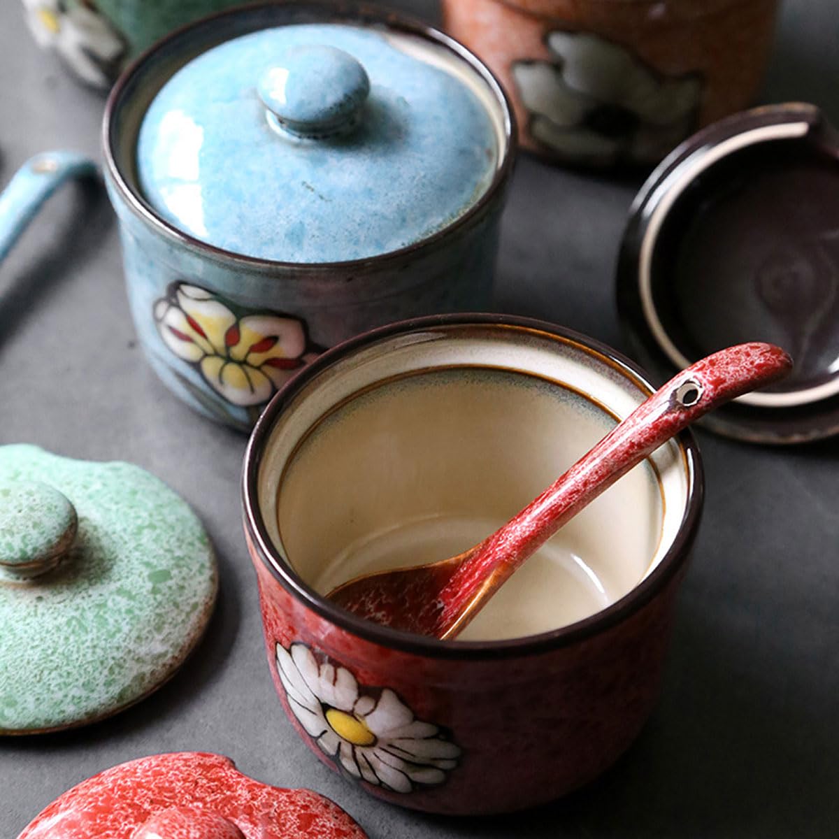 Soyestan Handmade Ceramic Sugar Bowl with Lid and Spoon, 9oz Porcelain Condiment Jar with Hand-Painted Floral Design, Colorful Seasoning Container for Sugar, Salt, Spices Kitchen (Blue)
