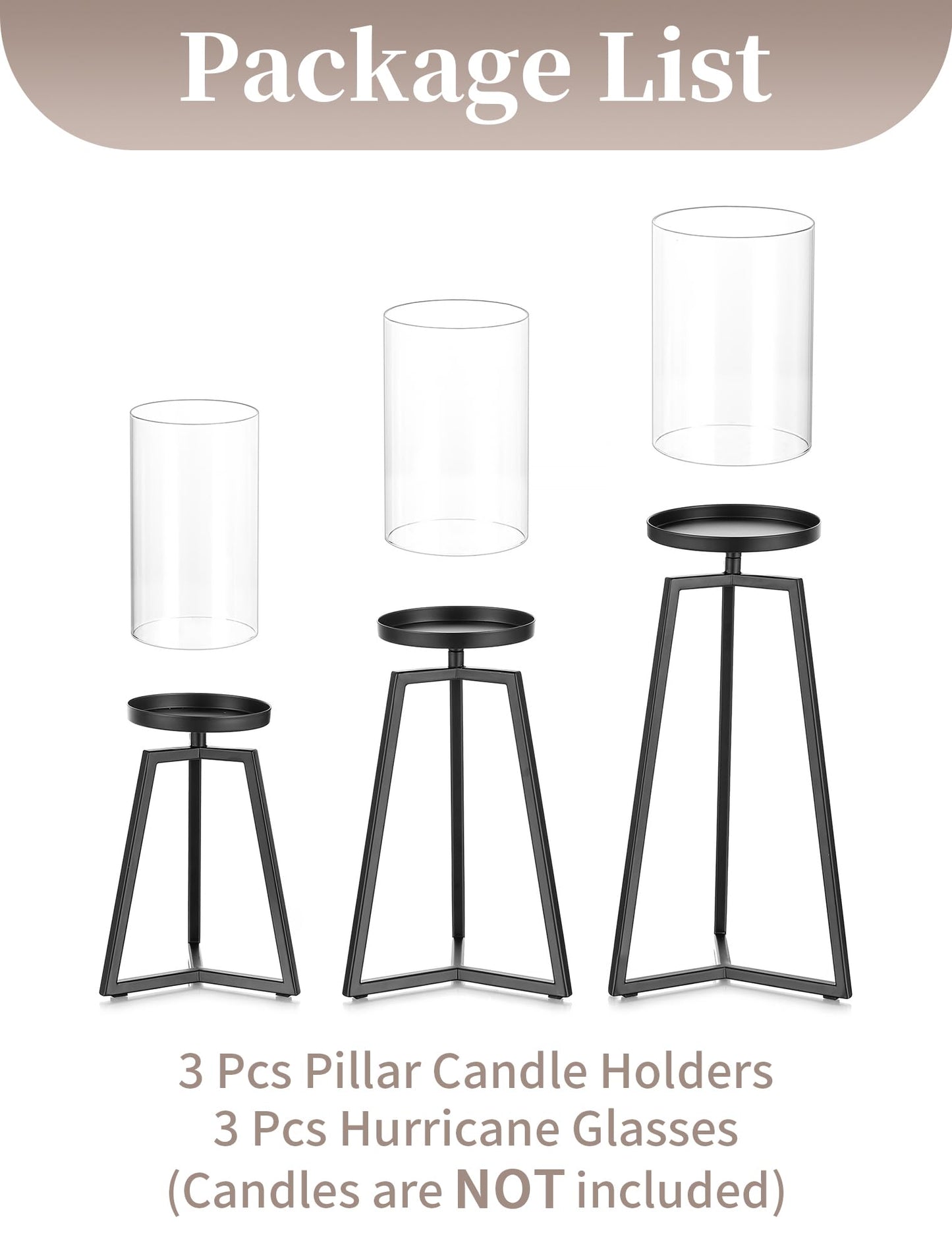 Sziqiqi Pillar Candle Holders Black: Set of 3 Metal Candleholder - Geometric Candle Stands with Hurricane Glass for Indoor Outdoor Dining Table Decor