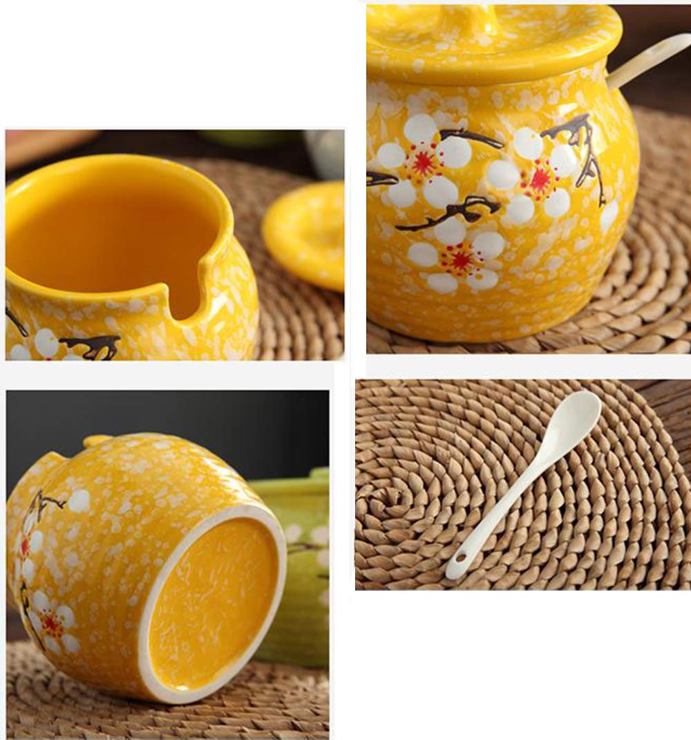 Ceramic Flower Sugar Bowl Seasoning Pot Salt Storage Jar with Lid Spoon