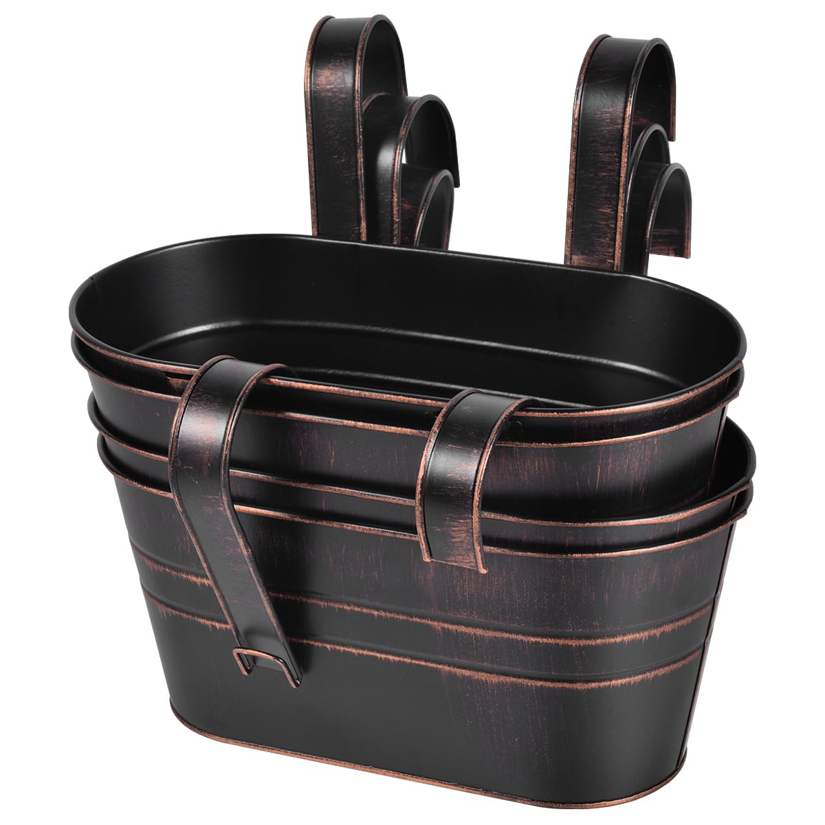 OBTANIM 4 Pack Metal Hanging Flower Pots Iron Railing Planter Outdoor Fence Hanging Pots Bucket Plant Holder with Detachable Hooks Drain Holes for Home Garden Yard Decor (Black)