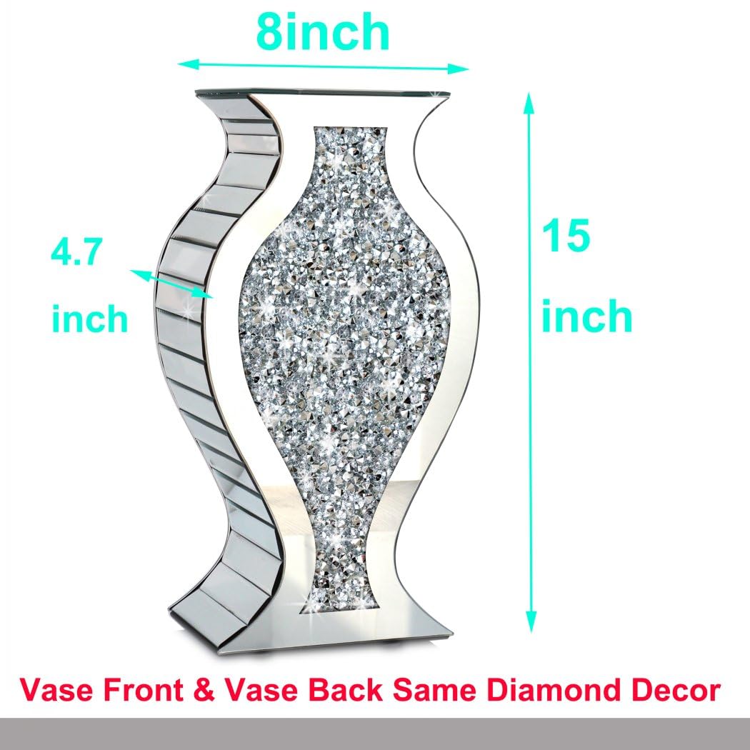 Crushed Diamond Mirrored Vase 15" S-Curve Silver Sparkle Decor Centerpiece