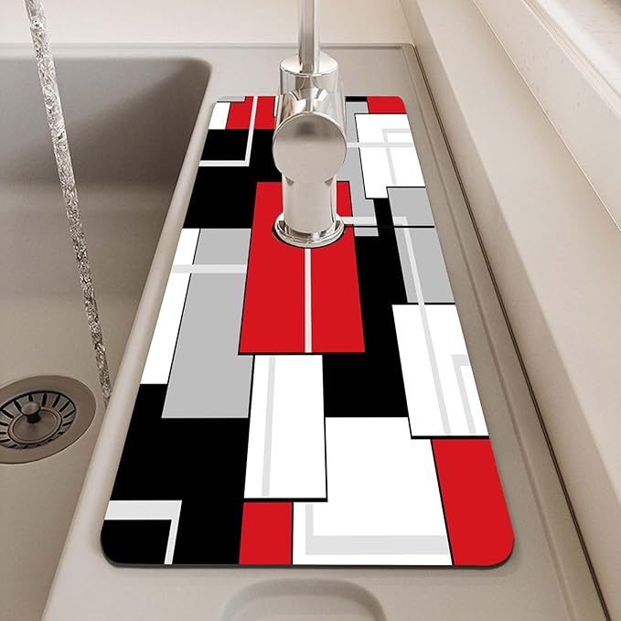 MCALK Geometric Red Kitchen Sink Faucet Mat Splash Guard, Absorbent Quick-Dry